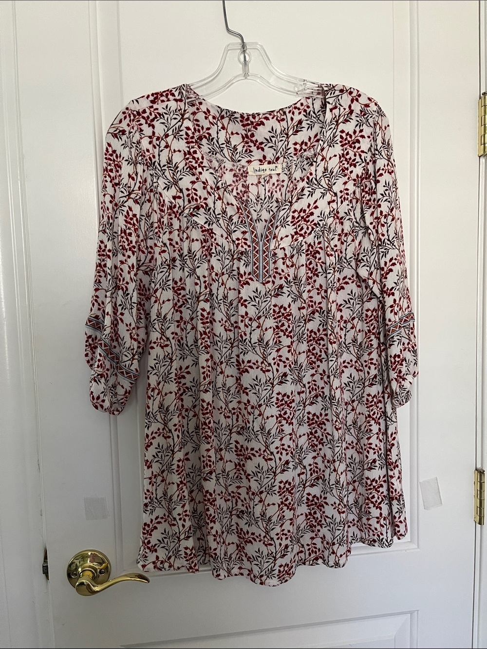 Indigo Soul Floral Vines Tunic Burgundy on cream size medium